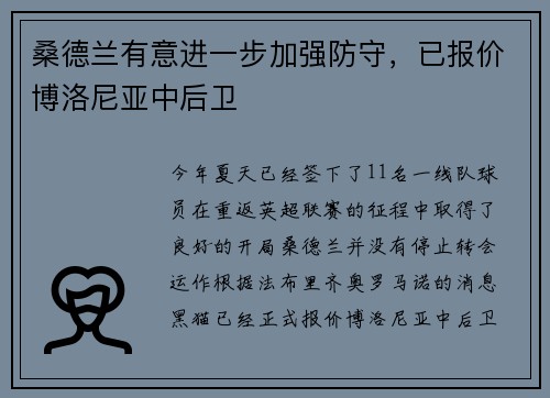 桑德兰有意进一步加强防守，已报价博洛尼亚中后卫